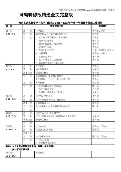 德育常规工作周历(初稿)精选全文