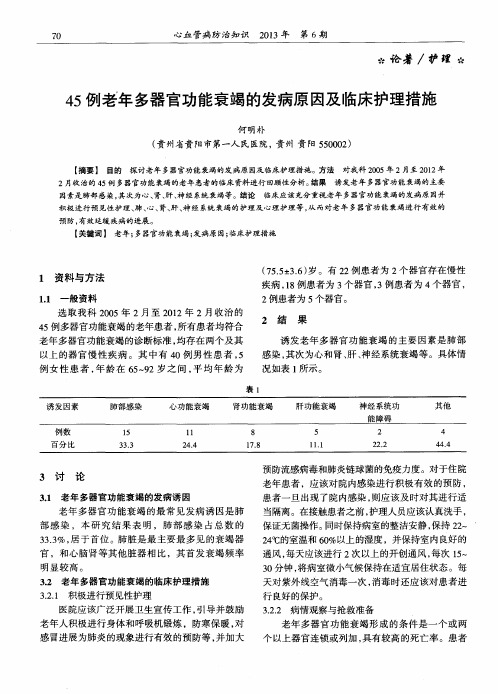 45例老年多器官功能衰竭的发病原因及临床护理措施