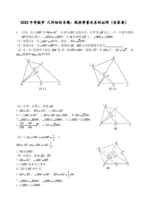 2023年中考数学 几何培优专题：线段等量关系的证明(含答案)