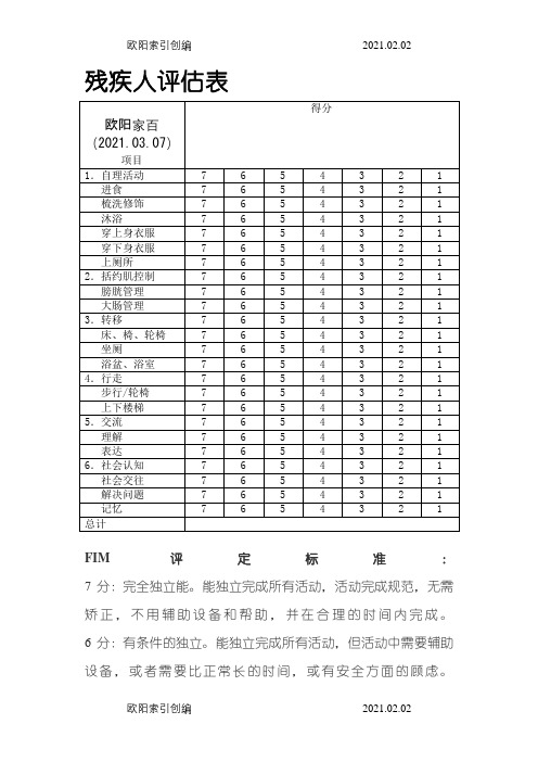 残疾人评估表之欧阳家百创编