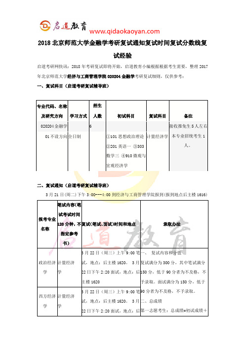 2018北京师范大学金融学考研复试通知复试时间复试分数线复试经验