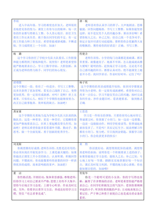 人教版四年级上册语文4年级上期评语