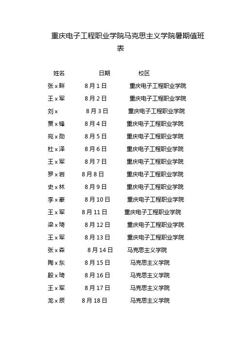 重庆电子工程职业学院马克思主义学院暑期值班表