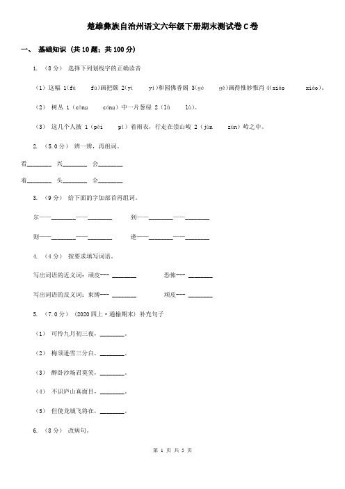 楚雄彝族自治州语文六年级下册期末测试卷C卷