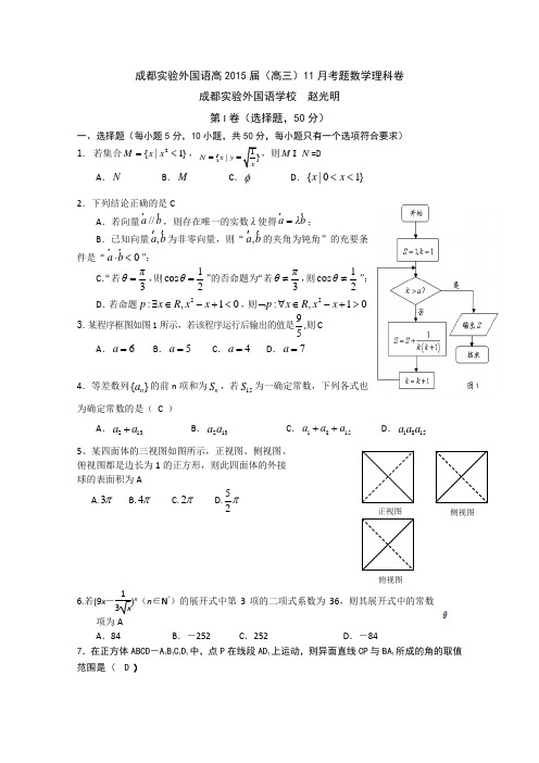 四川省成都实验外国语高2015届高三11月月考数学(理)试题 Word版含答案