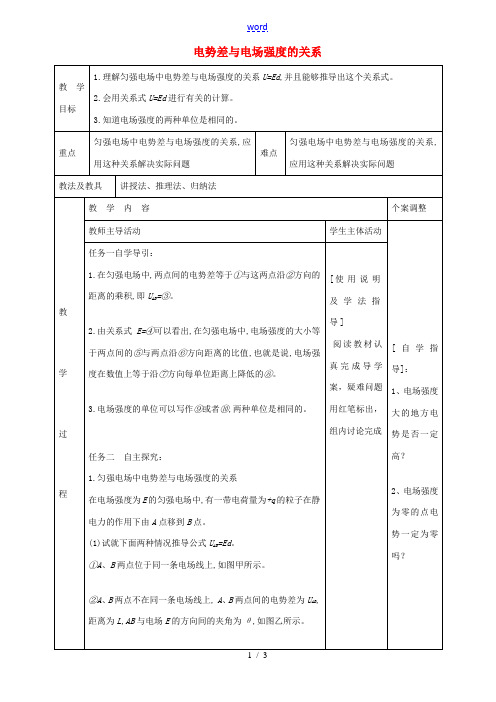 高中物理 1.6 电势差与电场强度的关系教案1 苏教版选修3-1-苏教版高二选修3-1物理教案