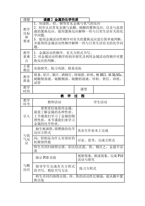 8.2 金属的化学性质 教案 人教版九年级化学下册