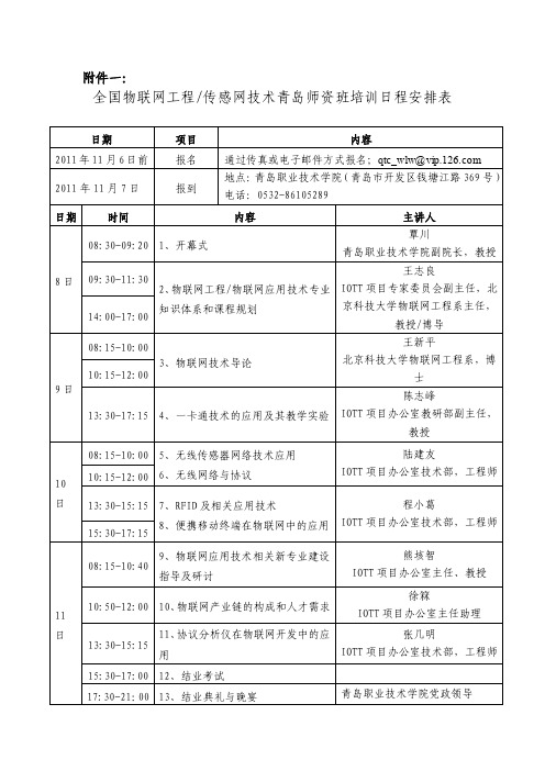 全国物联网工程传感网技术青岛师资班培训日程安排表