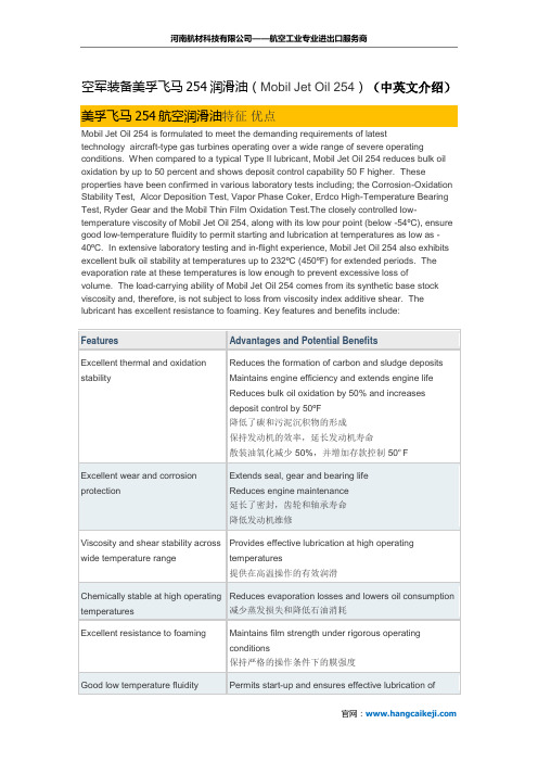 空军装备美孚飞马254航空润滑油(Mobil Jet Oil 254)(中英文介绍)