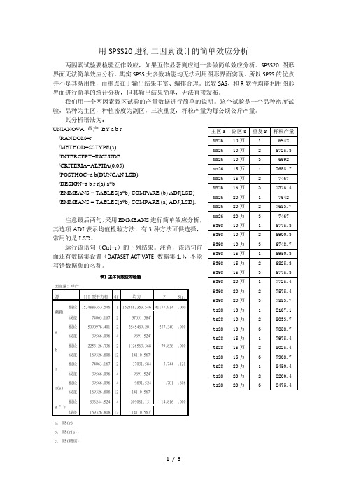 用SPSS20进行二因素设计的简单效应分析