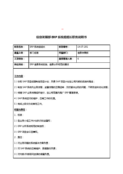 体育用品行业信息发展部 ERP系统组组长岗位说明书