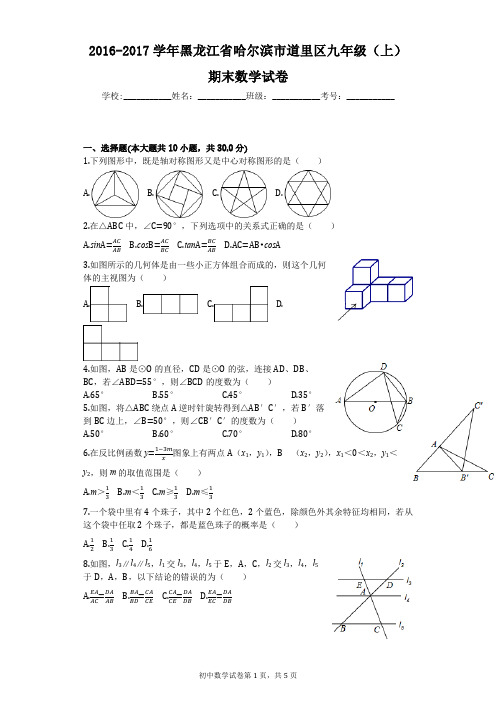 2016-2017学年黑龙江省哈尔滨市道里区九年级(上)期末数学试卷