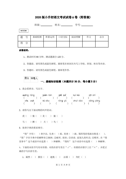 2020版小升初语文考试试卷A卷 (附答案)