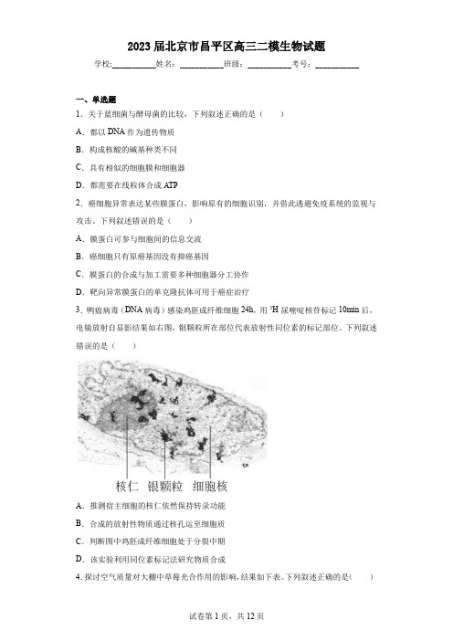 2023届北京市昌平区高三二模生物试题