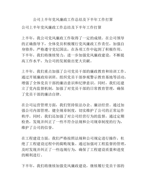 公司上半年党风廉政工作总结及下半年工作打算