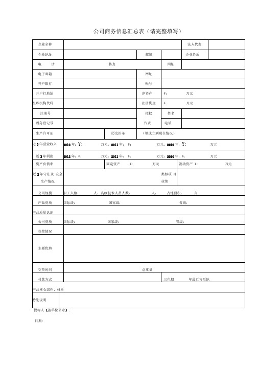 XX公司商务信息汇总表