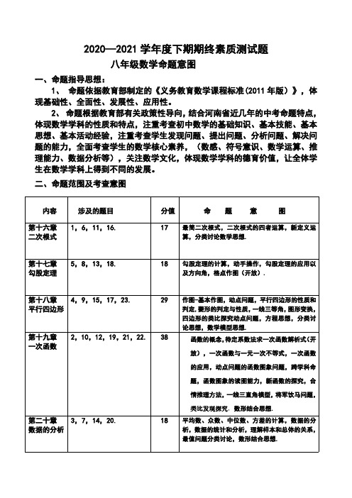 八年级数学期末试卷命题意图及参考答案