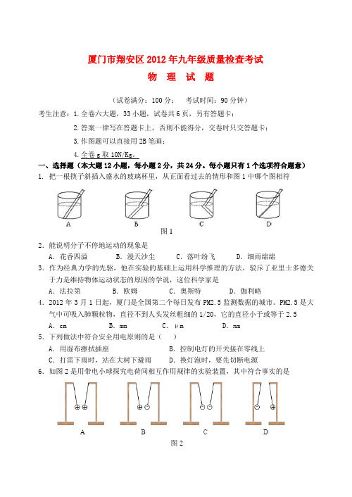 福建省厦门市翔安区九年级物理毕业班质量检测试题