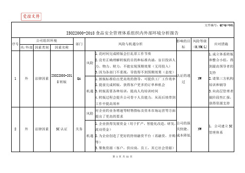 ISO22000-2018食品安全管理体系组织内外部环境分析报告