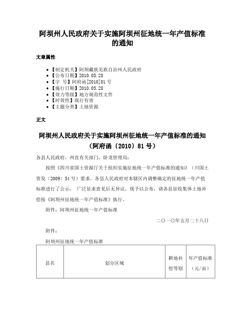 阿坝州人民政府关于实施阿坝州征地统一年产值标准的通知