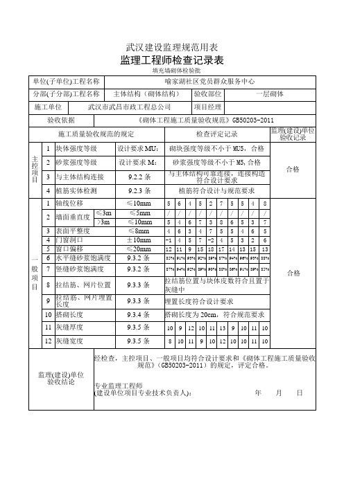 监理工程师检查记录表填充墙砌体工程(GB50203-2011)