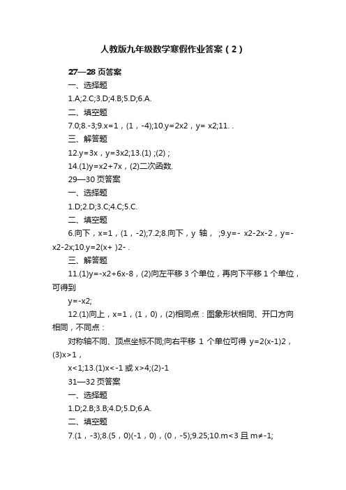 人教版九年级数学寒假作业答案（2）