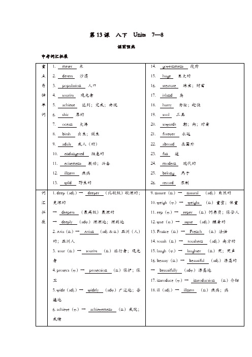 2019届中考英语复习第一篇语言基础知识第13课八下Units7_8基础知识