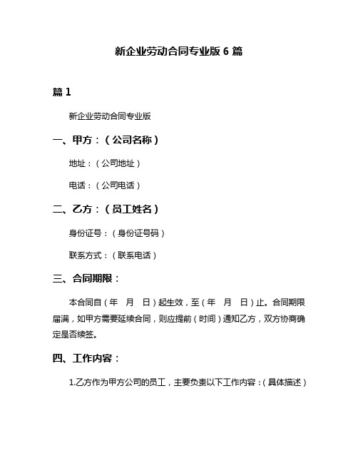 新企业劳动合同专业版6篇