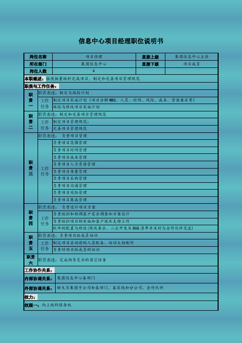 信息中心项目经理职位说明书