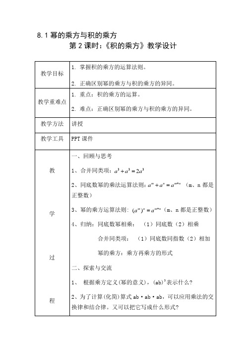 新沪科版七年级数学下册《8章 整式乘法与因式分解  8.1 幂的运算  幂的乘方与积的乘方》教案_1