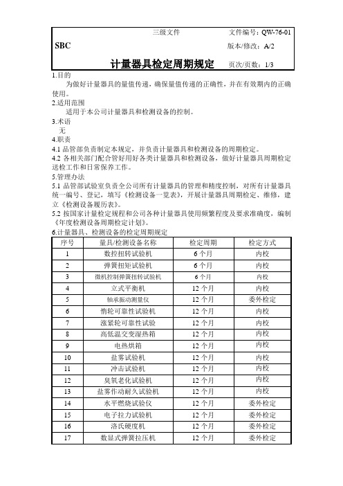 计量器具检定周期规定新版