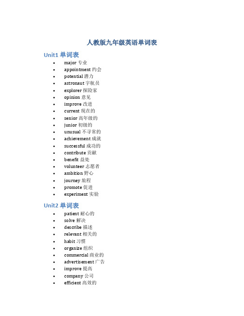 人教版九年级英语单词表