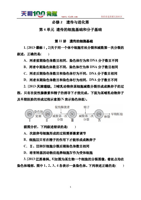 【金版教程】2013年高考生物真题分类全解  第4单元 遗传的细胞基础和分子基础(必修2)