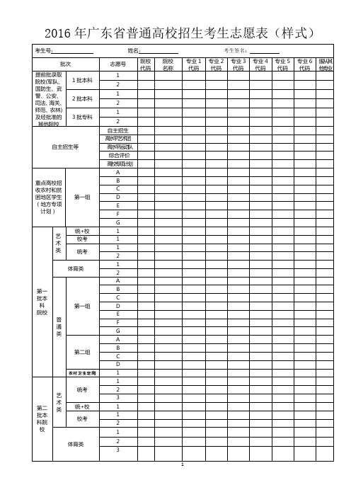 2016年广东普通高校招生考生志愿表样式