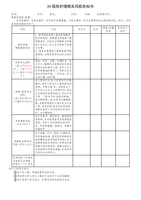 医院护理相关风险告知书