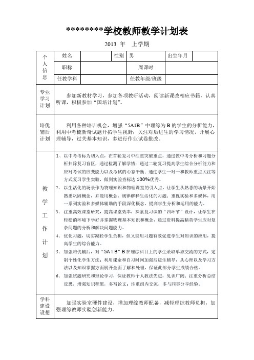 2013年上学期九年级物理教师教学计划