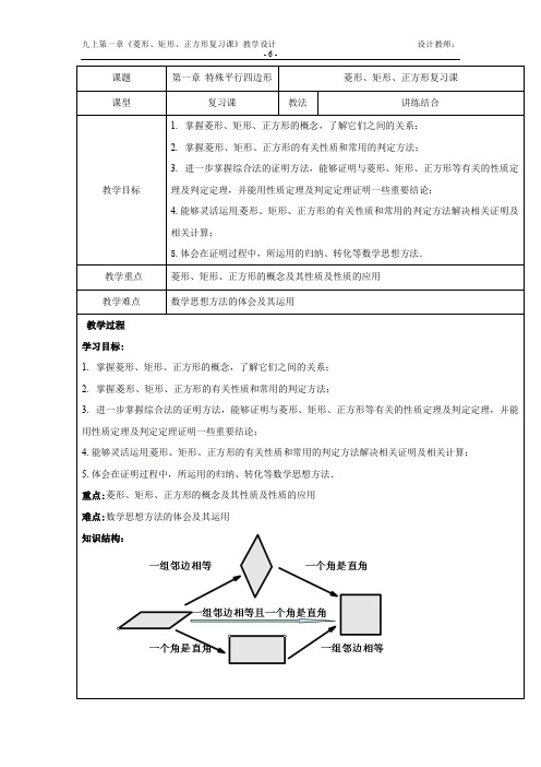 初中数学_特殊平行四边形复习课教学设计学情分析教材分析课后反思