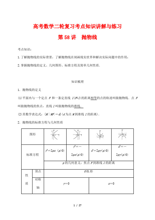 高考数学二轮复习考点知识讲解与练习58---抛物线