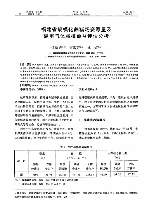 福建省规模化养猪场资源量及温室气体减排效益评估分析