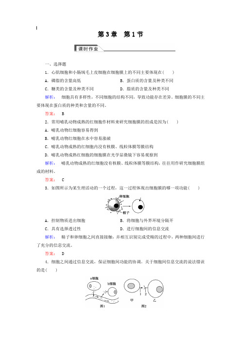 人教版高中生物必修1第3章第1节 细胞膜――系统的边界习题