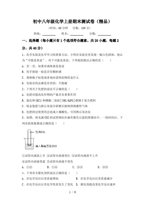 初中八年级化学上册期末测试卷(精品)