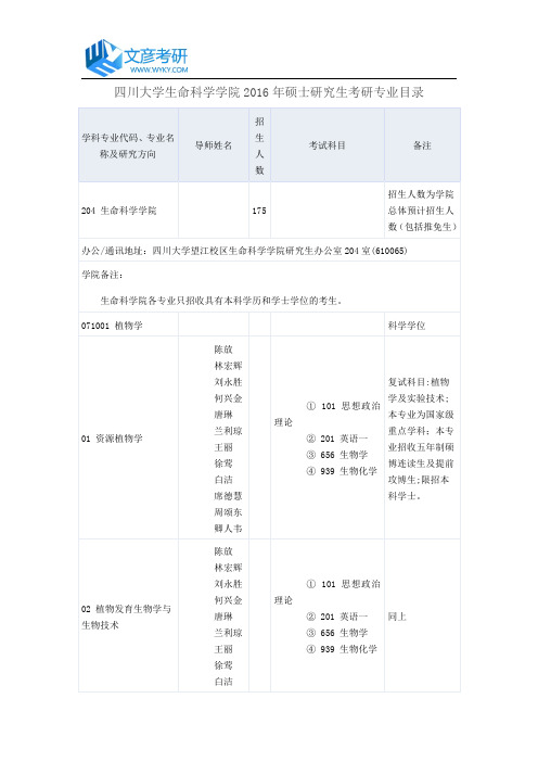 四川大学生命科学学院2016年硕士研究生考研专业目录_四川大学考研网