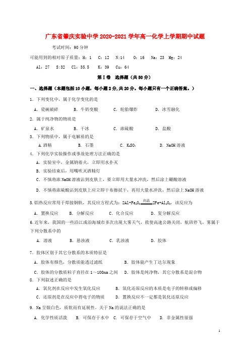 广东省肇庆实验中学2020_2021学年高一化学上学期期中试题