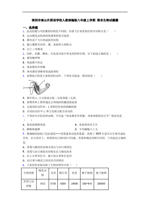 深圳市南山外国语学校人教部编版八年级上学期 期末生物试题题