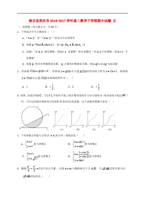 湖北省武汉市高二数学下学期期中试题 文