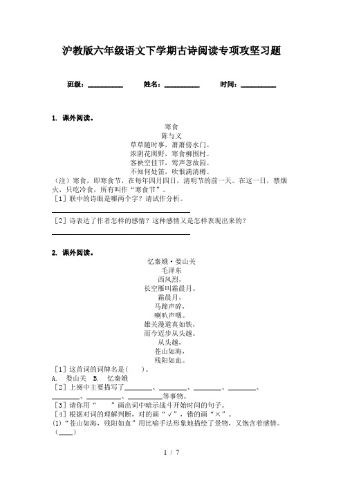 沪教版六年级语文下学期古诗阅读专项攻坚习题