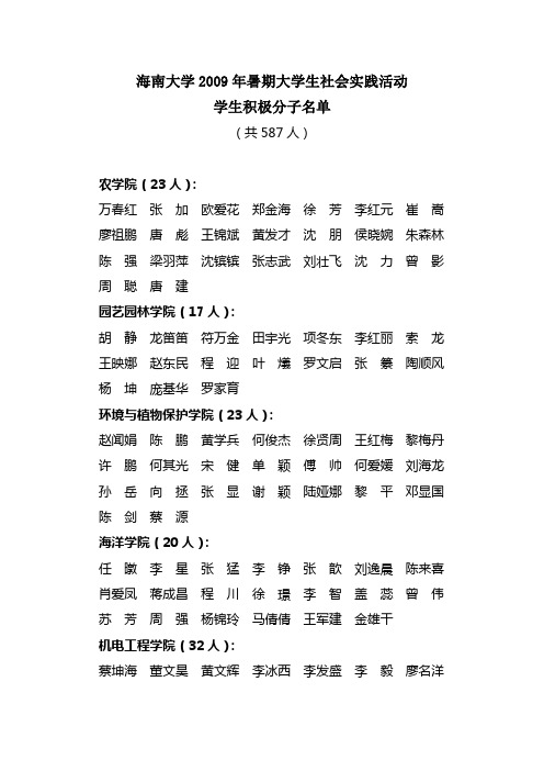 海南大学2009年暑期大学生社会实践活动