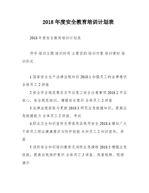 2018年度安全教育培训计划表