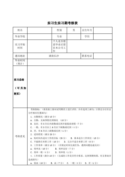 实习生实习期考核表