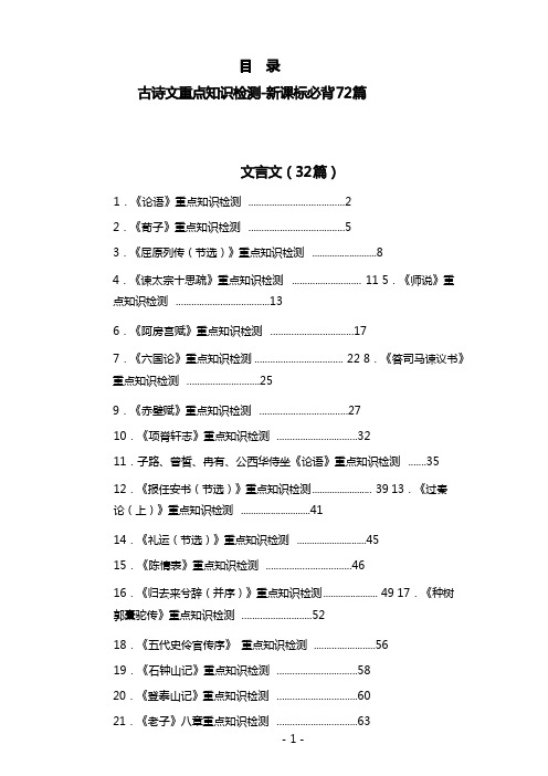 必背古诗文重点知识检测A-新课标-72篇